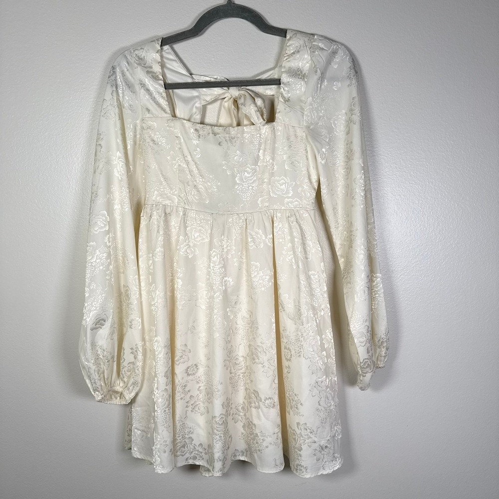 Altar'd State Mini Dress XS Cream Floral Jacquard Tie Balloon Sleeve